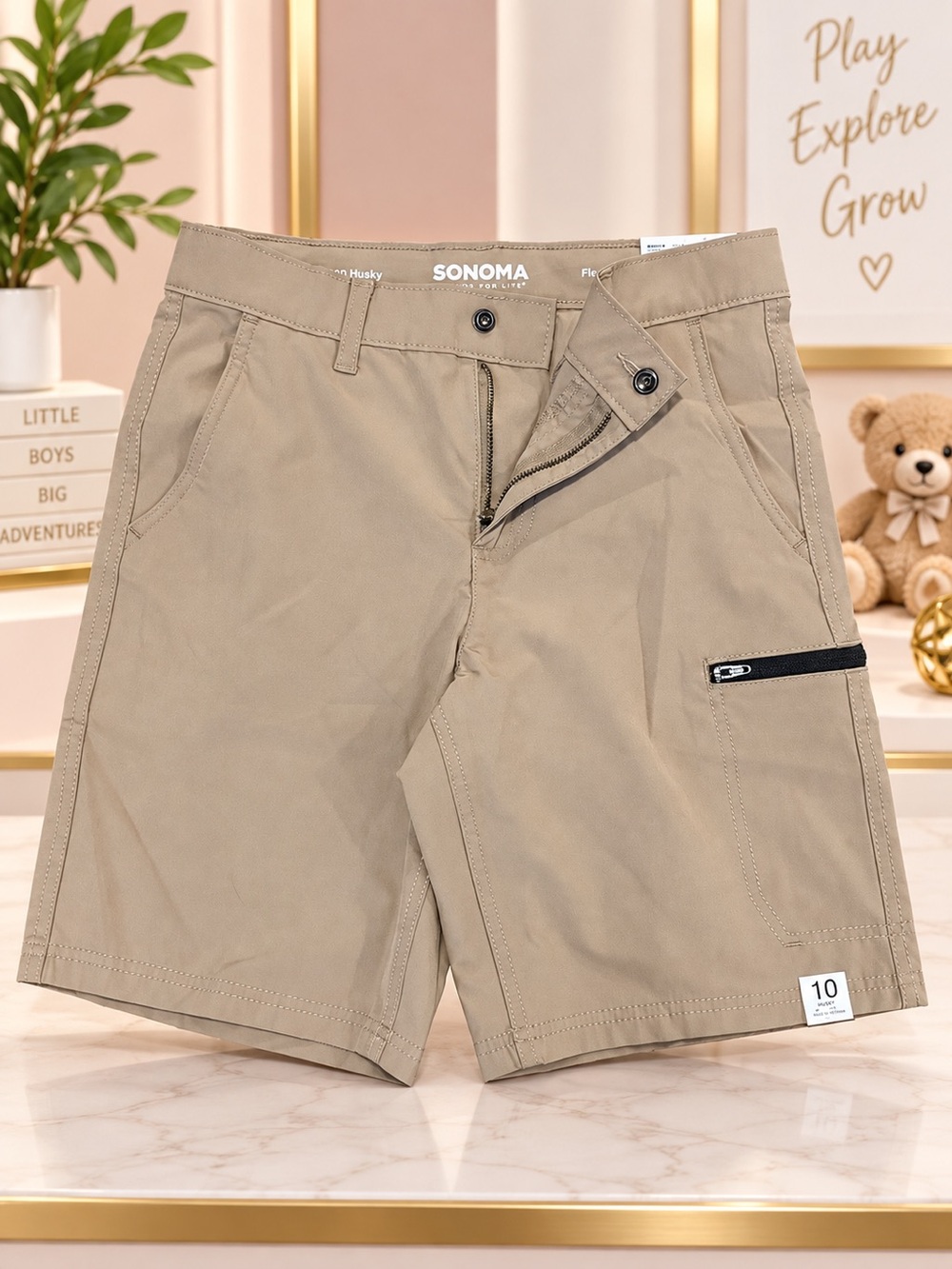 SONOMA Boys Khaki Tech Shorts with Zipper Pocket